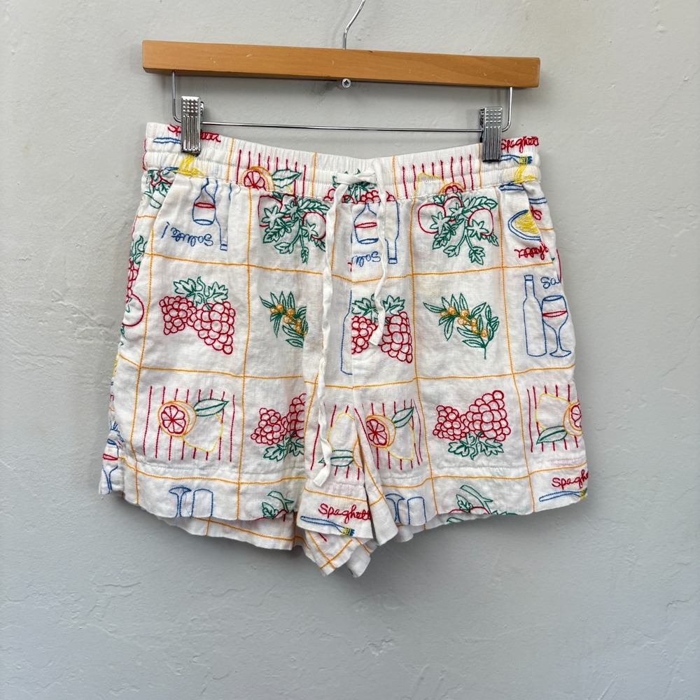 Magaschoni Embroidered Buon Appetito  Shorts Medium White Fruit Italian Summer